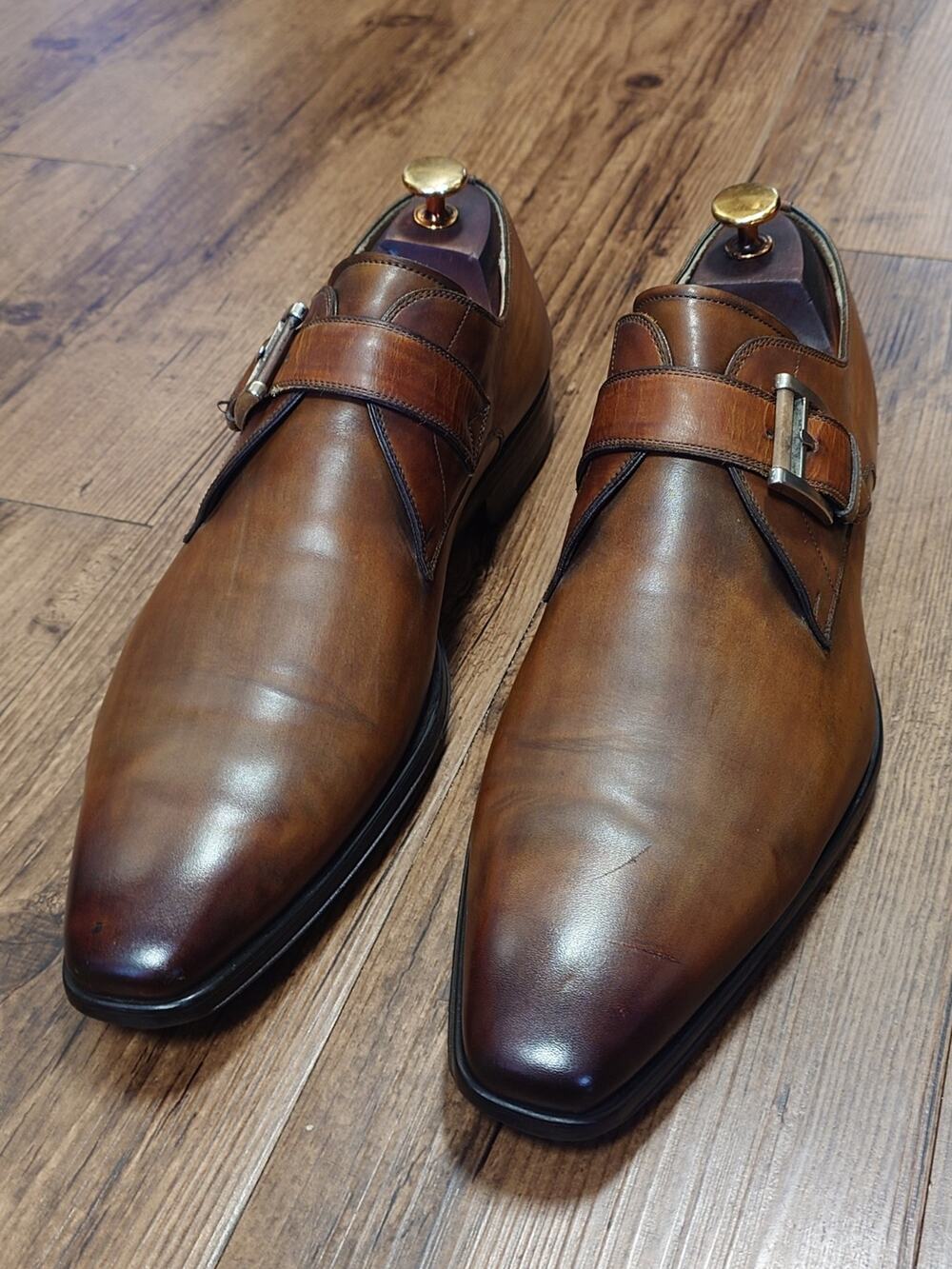 Magnanni Men’s Monk Strap 11.5M Brown Burnished Leather Dress Shoes